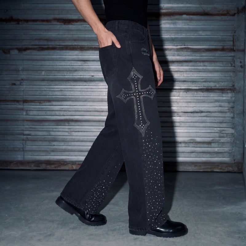 Men's Rhinestone Cross Distressed Jeans, Wide Leg Loose Fit - Image 1
