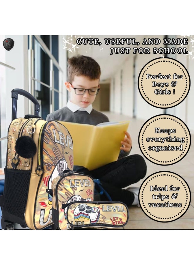 i-kola 18-Inch Golden Games Shining PU 3PCS Trolley Bag Set for Boys – Rolling School Bag with Lunch Bag, Pencil Case, Side Bottle Holder – Multi-Compartment Kids Schoolbag (B868-18T3) - Image 2
