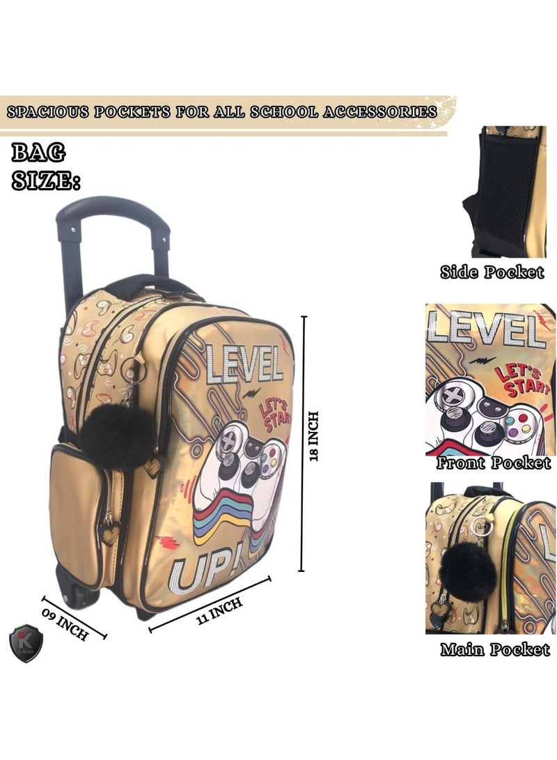 i-kola 18-Inch Golden Games Shining PU 3PCS Trolley Bag Set for Boys – Rolling School Bag with Lunch Bag, Pencil Case, Side Bottle Holder – Multi-Compartment Kids Schoolbag (B868-18T3) - Image 5