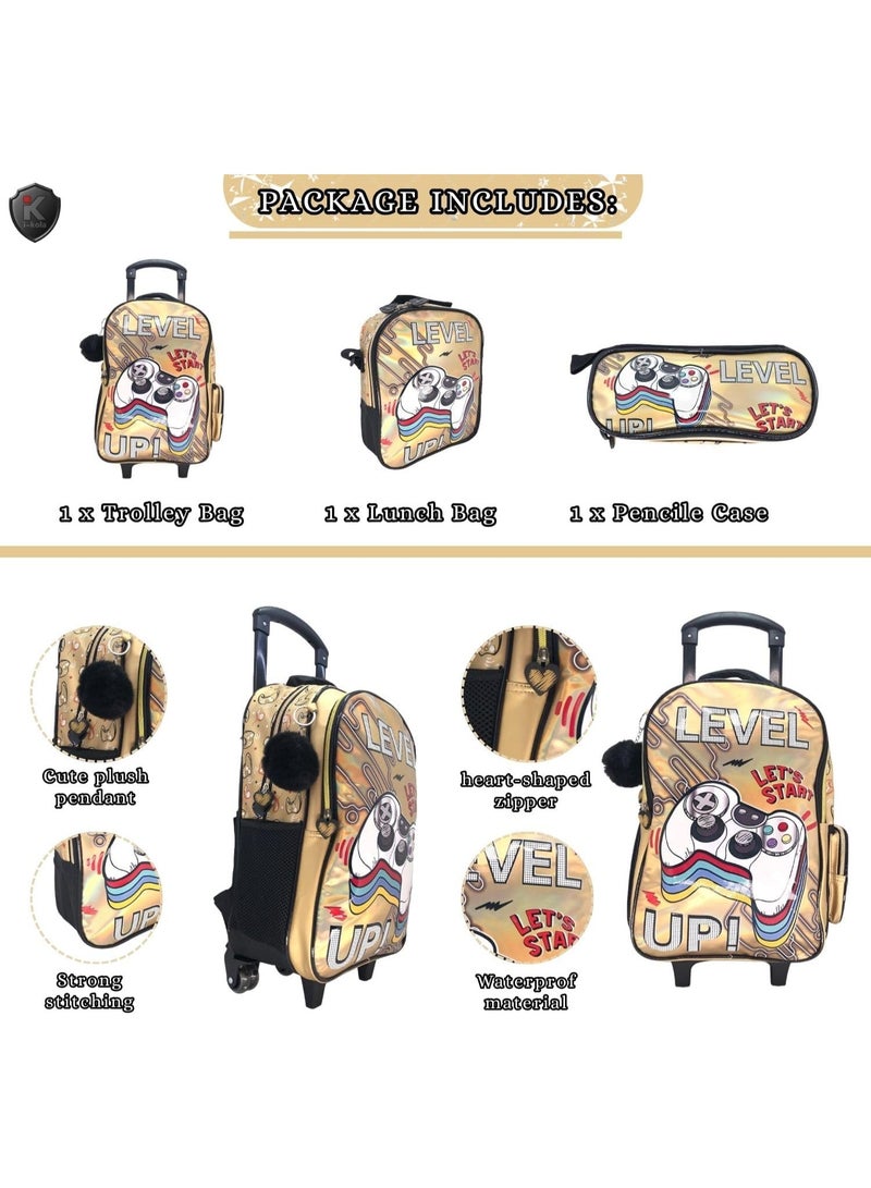 i-kola 18-Inch Golden Games Shining PU 3PCS Trolley Bag Set for Boys – Rolling School Bag with Lunch Bag, Pencil Case, Side Bottle Holder – Multi-Compartment Kids Schoolbag (B868-18T3) - Image 4