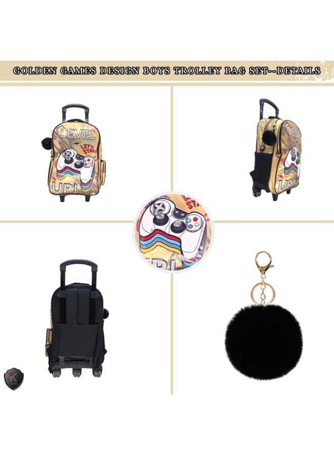 i-kola 18-Inch Golden Games Shining PU 3PCS Trolley Bag Set for Boys – Rolling School Bag with Lunch Bag, Pencil Case, Side Bottle Holder – Multi-Compartment Kids Schoolbag (B868-18T3) - Image 3