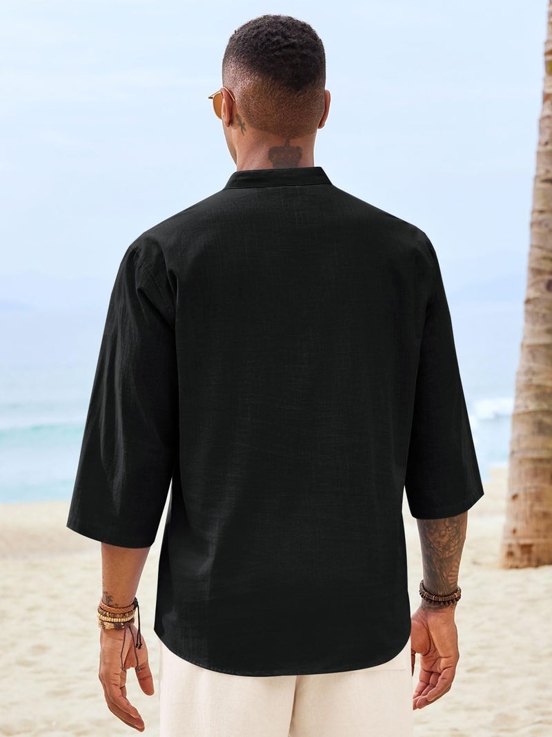 Runcati Mens Casual Henley Shirts 3/4 Sleeve Band Collar Cotton Linen Shirt Summer Beach Hippie T-Shirts with Pocket Black - Image 4