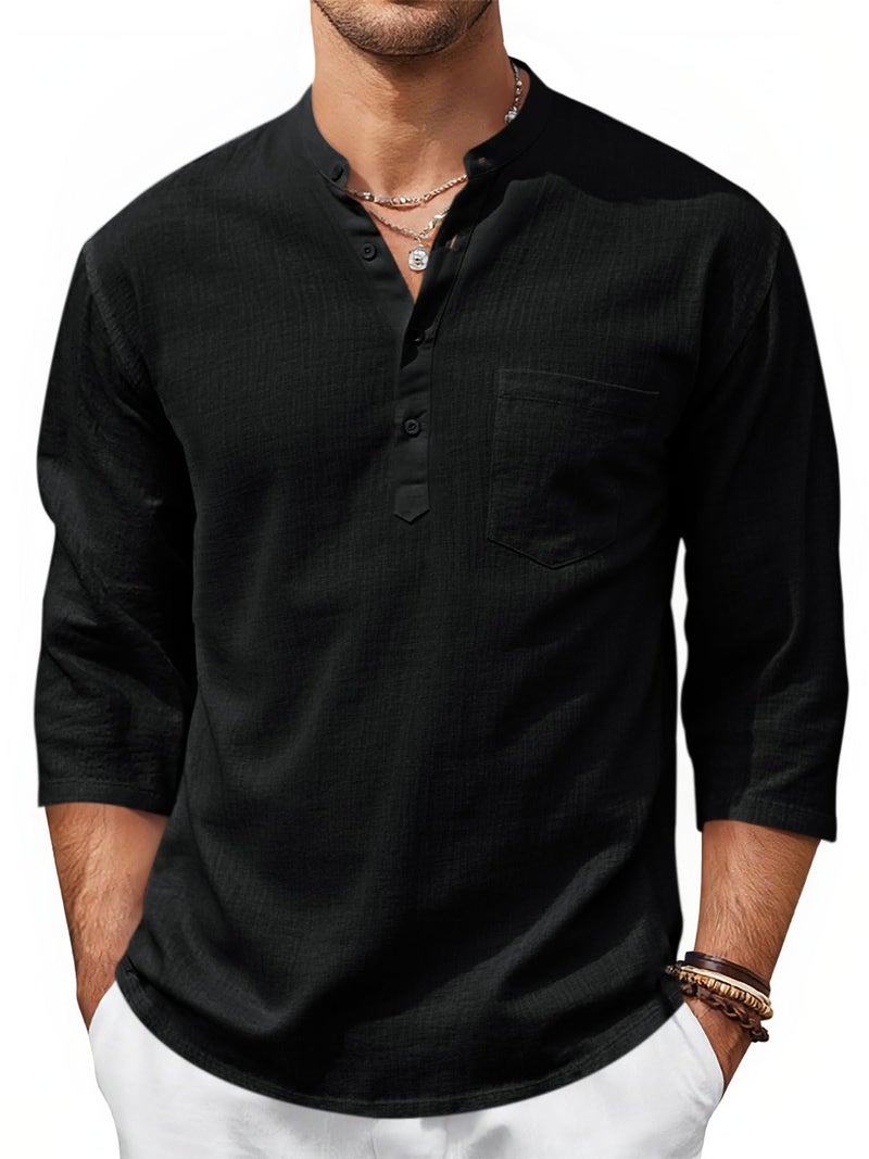 Runcati Mens Casual Henley Shirts 3/4 Sleeve Band Collar Cotton Linen Shirt Summer Beach Hippie T-Shirts with Pocket Black - Image 1