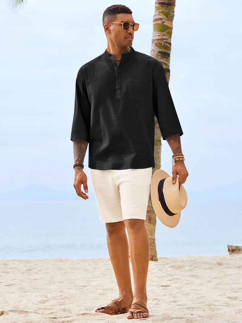 Runcati Mens Casual Henley Shirts 3/4 Sleeve Band Collar Cotton Linen Shirt Summer Beach Hippie T-Shirts with Pocket Black - Image 5