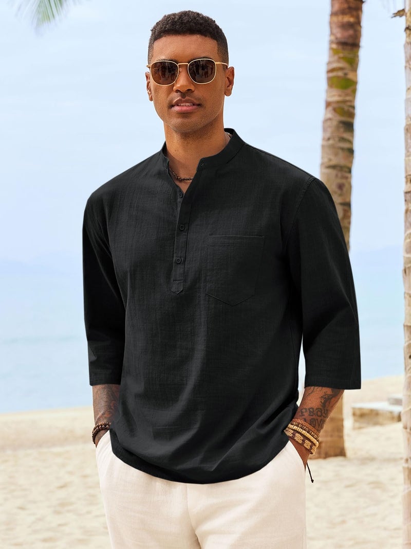 Runcati Mens Casual Henley Shirts 3/4 Sleeve Band Collar Cotton Linen Shirt Summer Beach Hippie T-Shirts with Pocket Black - Image 3