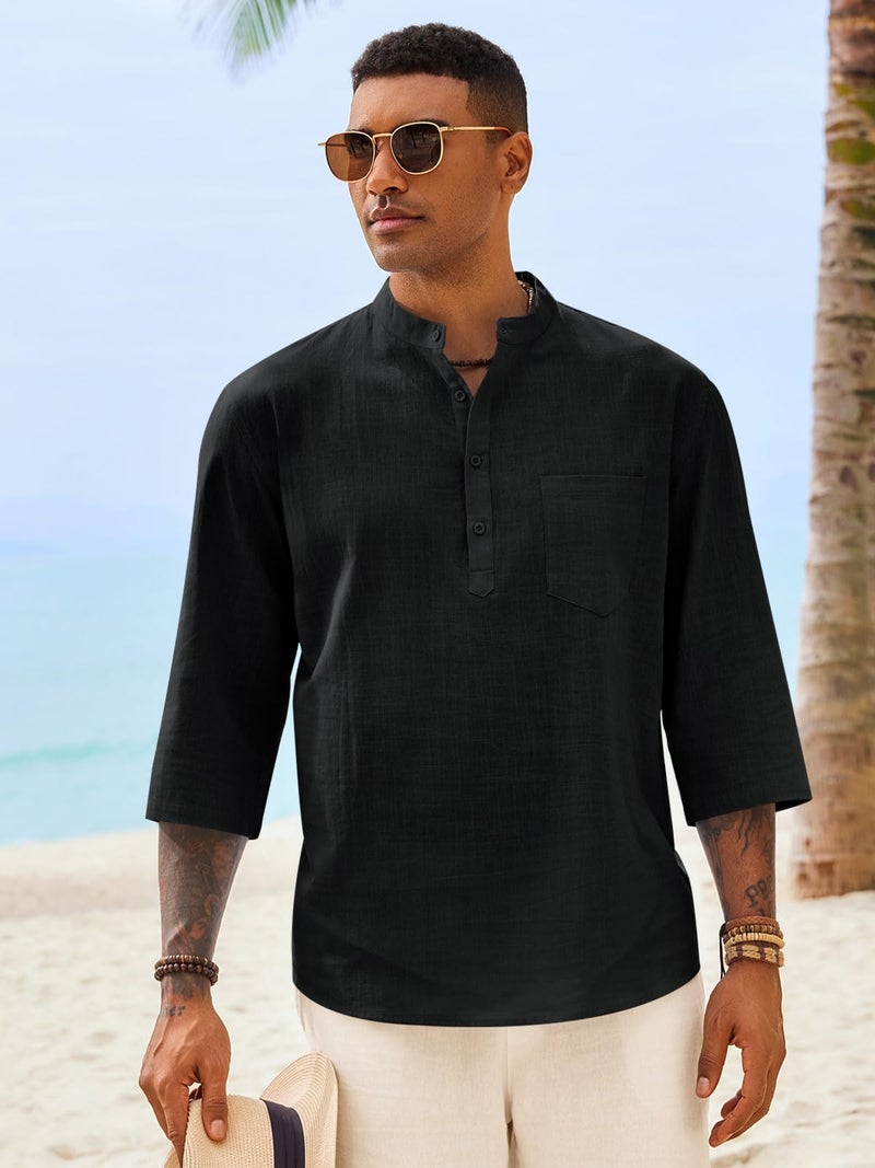 Runcati Mens Casual Henley Shirts 3/4 Sleeve Band Collar Cotton Linen Shirt Summer Beach Hippie T-Shirts with Pocket Black - Image 2