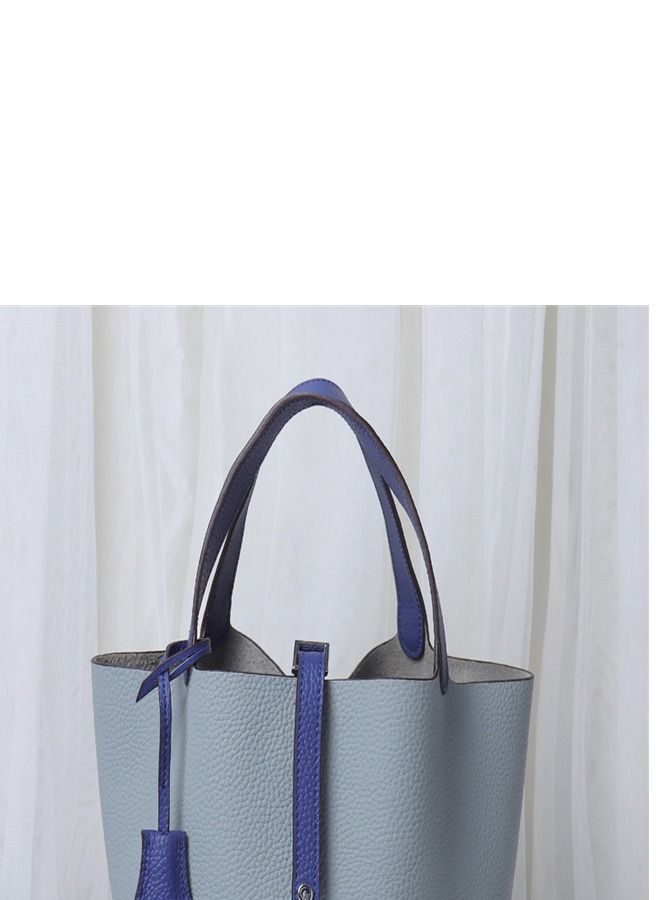 Loquat Litchi Grain Top Layer Cow Skin Bucket Bag Linen Blue/Electric Blue  - Image 2