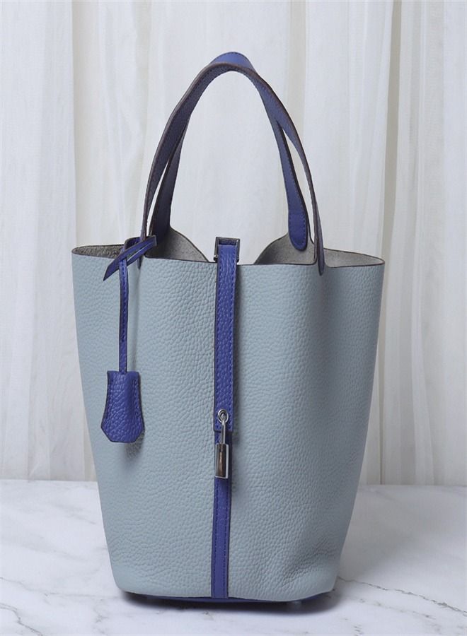 Loquat Litchi Grain Top Layer Cow Skin Bucket Bag Linen Blue/Electric Blue  - Image 1