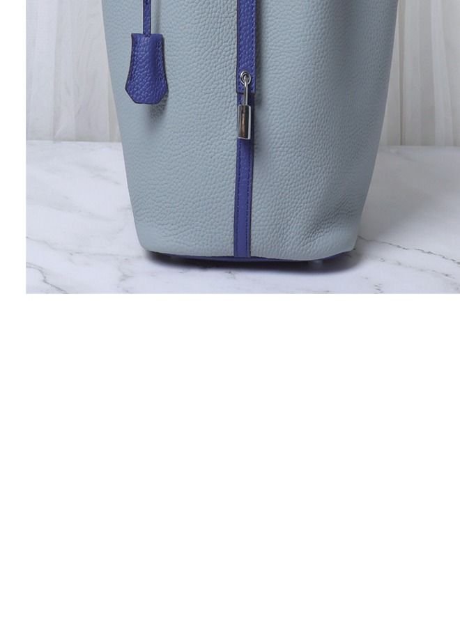 Loquat Litchi Grain Top Layer Cow Skin Bucket Bag Linen Blue/Electric Blue  - Image 3