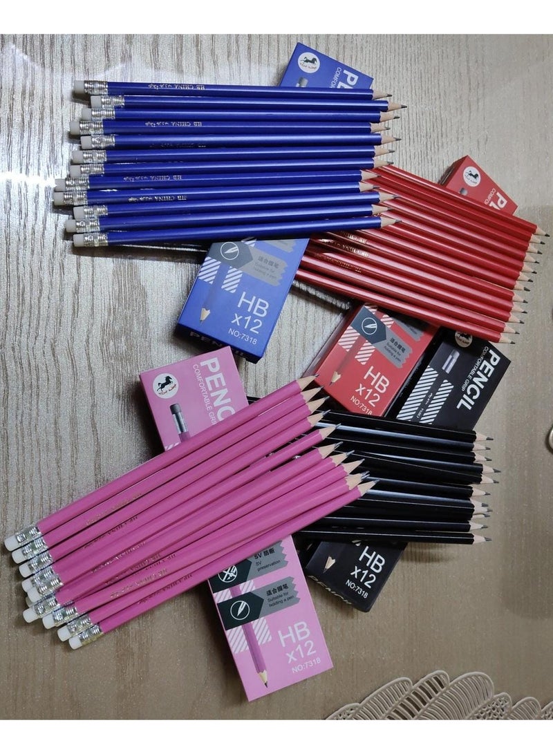 مجموعة 48 قلم رصاص HB بأستيكة – ألوان غير لامعة متنوعة | 4 علب مثالية للرسم والكتابة - Image 1