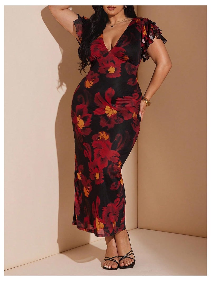 BEAUDRM Women's Plus Size Cocktail Floral Maxi Dress Deep V Ruffle Short Sleeve Bodycon Mesh Wedding Guest Party Dresses Red X-Large Plus - Image 4