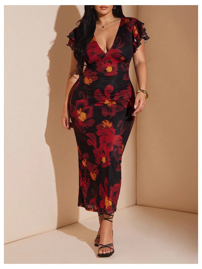 BEAUDRM Women's Plus Size Cocktail Floral Maxi Dress Deep V Ruffle Short Sleeve Bodycon Mesh Wedding Guest Party Dresses Red X-Large Plus - Image 3