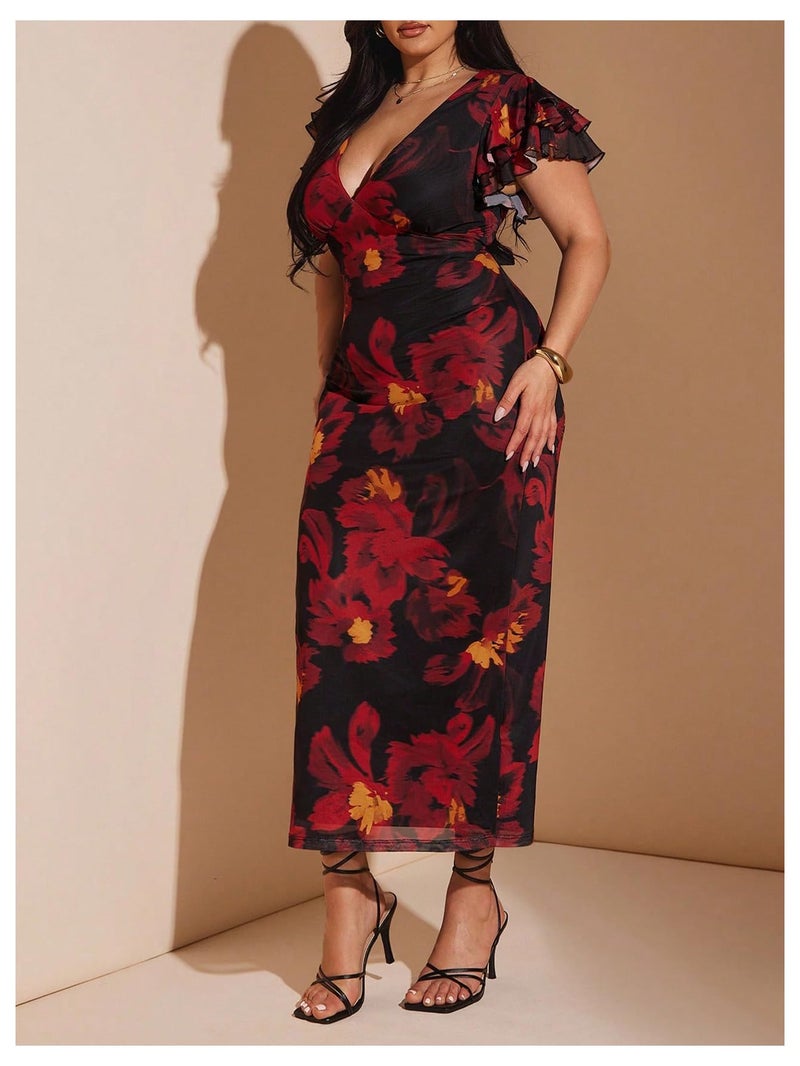 BEAUDRM Women's Plus Size Cocktail Floral Maxi Dress Deep V Ruffle Short Sleeve Bodycon Mesh Wedding Guest Party Dresses Red X-Large Plus - Image 5