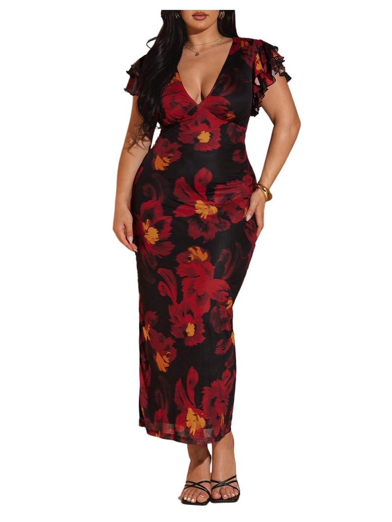 BEAUDRM Women's Plus Size Cocktail Floral Maxi Dress Deep V Ruffle Short Sleeve Bodycon Mesh Wedding Guest Party Dresses Red X-Large Plus - Image 1