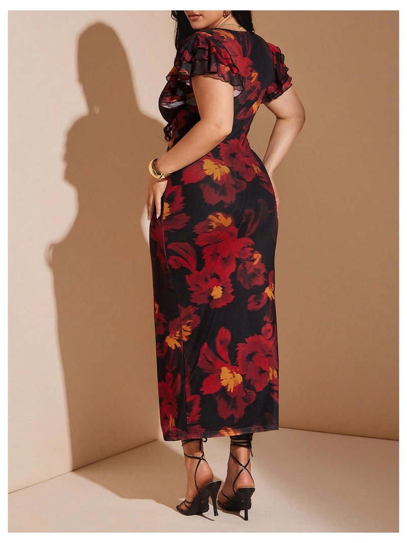 BEAUDRM Women's Plus Size Cocktail Floral Maxi Dress Deep V Ruffle Short Sleeve Bodycon Mesh Wedding Guest Party Dresses Red X-Large Plus - Image 2