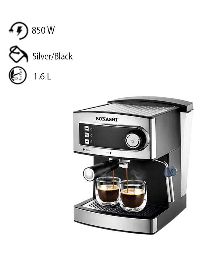 SONASHI 15 Bar All-in-One Coffee Maker with Overheat Protection | 1.6L Large Detachable Water Tank / Steam Nozzle for Frothy Cappuccino | Prepares 1 cup at a time 1.6 L 850 W SCM-4965 Silver/Black - Image 1