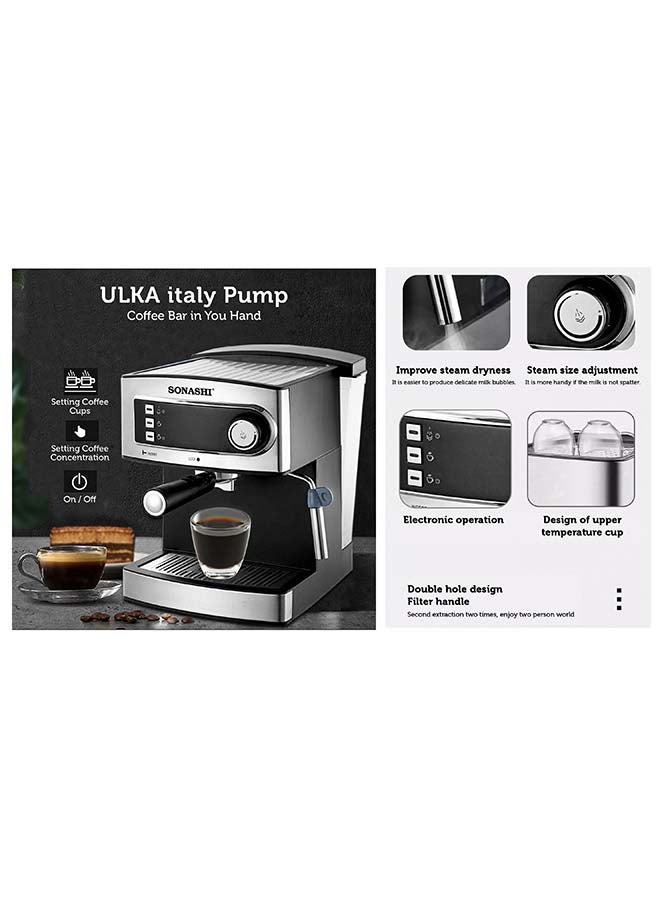 SONASHI 15 Bar All-in-One Coffee Maker with Overheat Protection | 1.6L Large Detachable Water Tank / Steam Nozzle for Frothy Cappuccino | Prepares 1 cup at a time 1.6 L 850 W SCM-4965 Silver/Black - Image 4