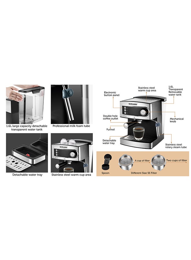 SONASHI 15 Bar All-in-One Coffee Maker with Overheat Protection | 1.6L Large Detachable Water Tank / Steam Nozzle for Frothy Cappuccino | Prepares 1 cup at a time 1.6 L 850 W SCM-4965 Silver/Black - Image 2