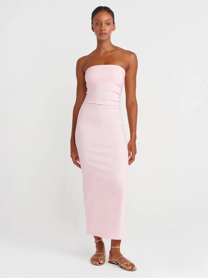 ديلفين Dilvin Strapless Bodycon Midi Dress With Slit