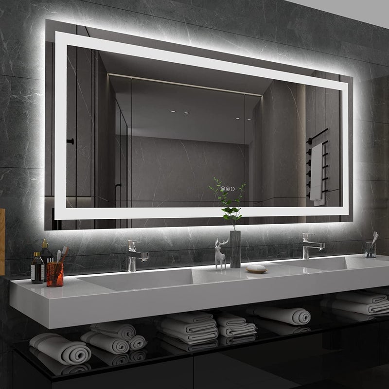 Amorho LED Bathroom Mirror 60 X36 with Front and Backlight Large Dimmable Wall Mirrors with AntiFog ShatterProof Memory 3 Colors Double LED Vanity Mirror
