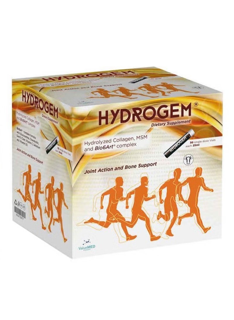 HYDROGEM Joint & Bone Support Dietary Supplement with Hydrolyzed Collagen, MSM & BioArt Complex, 30 Vials