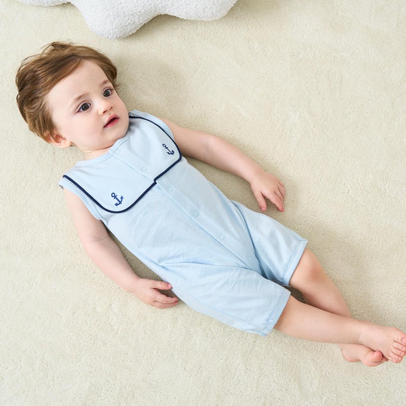 pureborn Baby Boy's Nautical Romper Sleeveless Summer Naval Style Cotton Sailor One Piece Outfit Blue Anchor 6-9 Months - Image 2