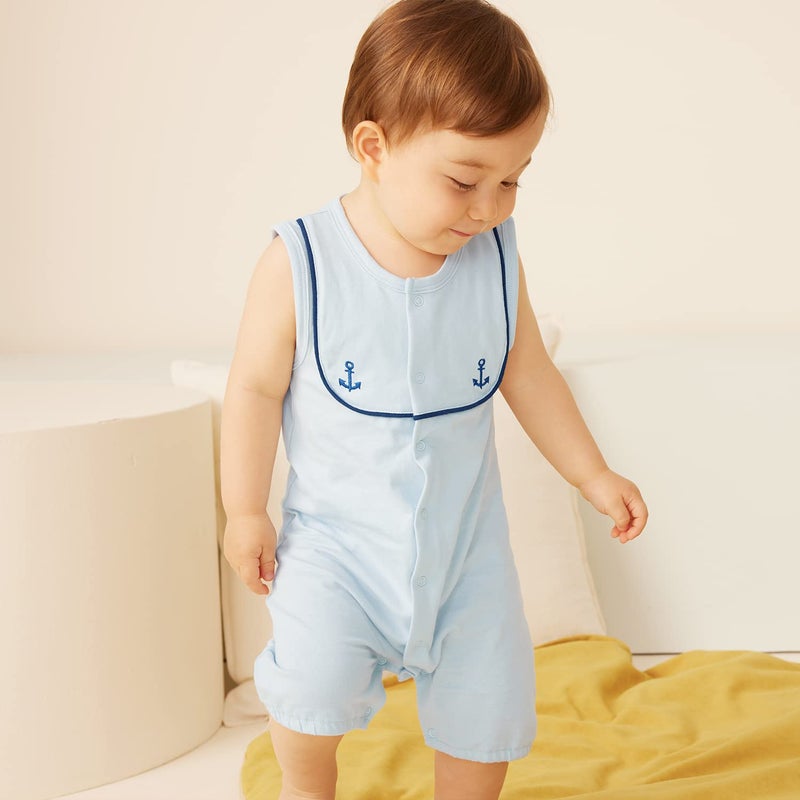 pureborn Baby Boy's Nautical Romper Sleeveless Summer Naval Style Cotton Sailor One Piece Outfit Blue Anchor 6-9 Months - Image 3