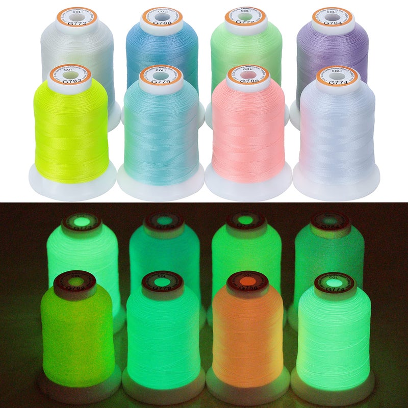 New brothread 8 Colors Luminary Glow in The Dark Embroidery Machine Thread Kit 30WT 500M550Y Each Spool for Embroidery Quilting Sewing