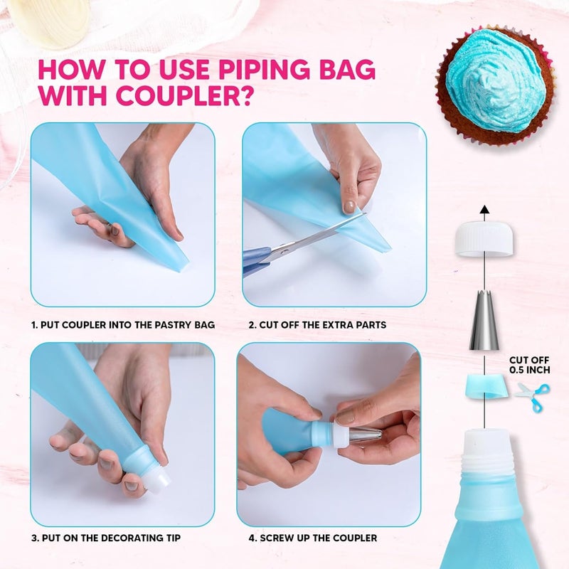 RICCLE Piping Bags and Tips Set, 11.8 Inch 100 Anti Burst Piping Bags, 124 Pcs Cake Decorating Kit with 16 Piping Tips, 1 Reusable Pastry Bags, 3 Cake Scrapers, 2 Couplers, and 2 Icing Bags Ties - Image 4