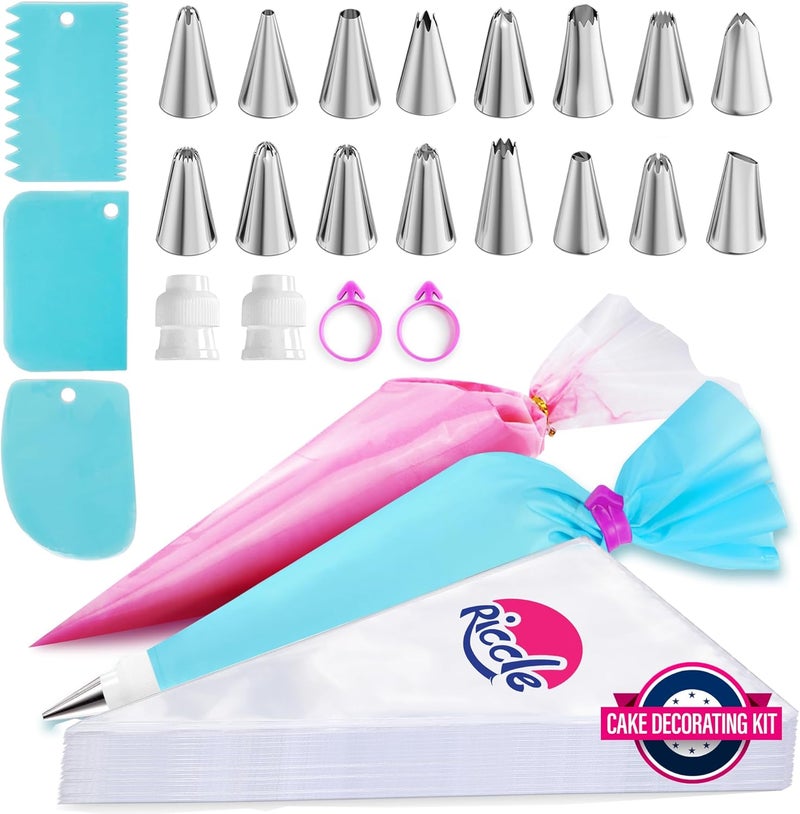 RICCLE Piping Bags and Tips Set, 11.8 Inch 100 Anti Burst Piping Bags, 124 Pcs Cake Decorating Kit with 16 Piping Tips, 1 Reusable Pastry Bags, 3 Cake Scrapers, 2 Couplers, and 2 Icing Bags Ties - Image 1