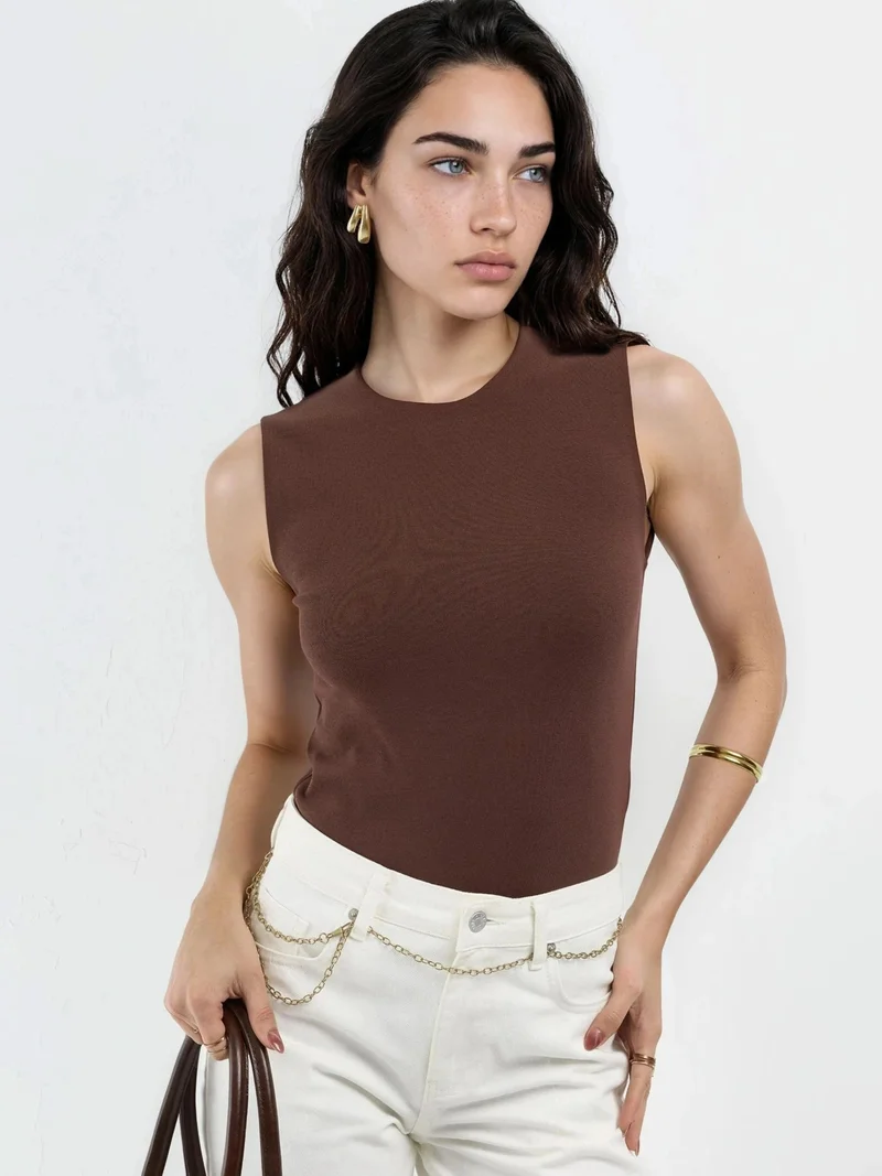 بوسيم BUSEM Crew Neck Sleeveless Solid Top