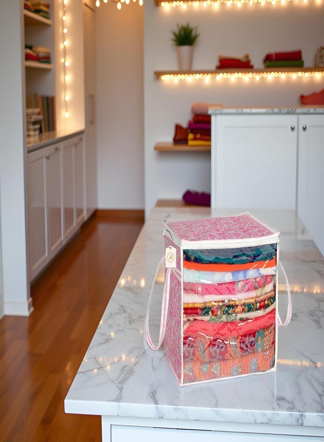 SHAPING FABRIC Pink Floral Fabric Saree Storage Bag with Transparent Front & Zipper Closure – Pack of 01 SNW-413 - Image 1