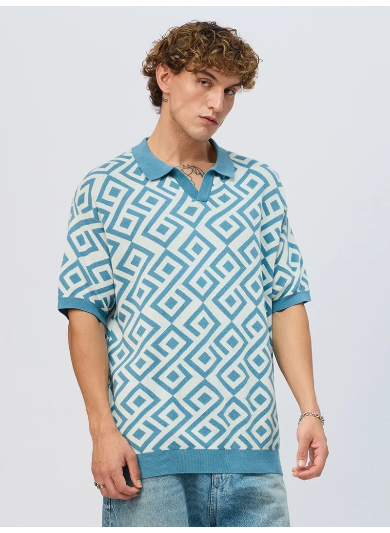 The Souled Store The Souled Store Originals: Blue Fox Men and Boys Half Sleeve Spread Collar Geometric Printed Cotton Oversized Fit Breathable Lightweight All-Season Polo T-Shirt