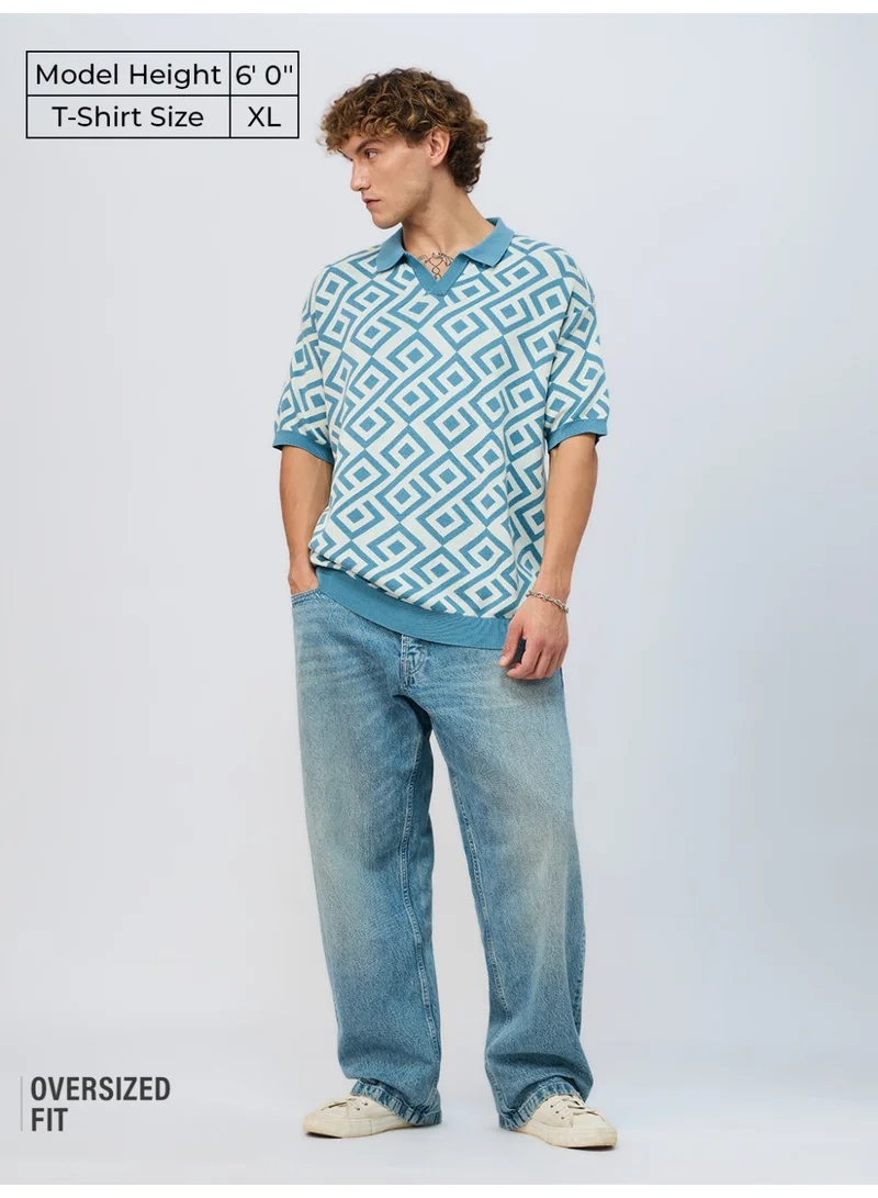 The Souled Store The Souled Store Originals: Blue Fox Men and Boys Half Sleeve Spread Collar Geometric Printed Cotton Oversized Fit Breathable Lightweight All-Season Polo T-Shirt