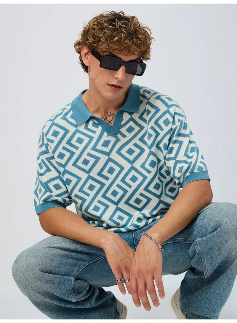 The Souled Store  The Souled Store Originals: Blue Fox Men and Boys Half Sleeve Spread Collar Geometric Printed Cotton Oversized Fit Breathable Lightweight All-Season Polo T-Shirt  | Best Price UAE