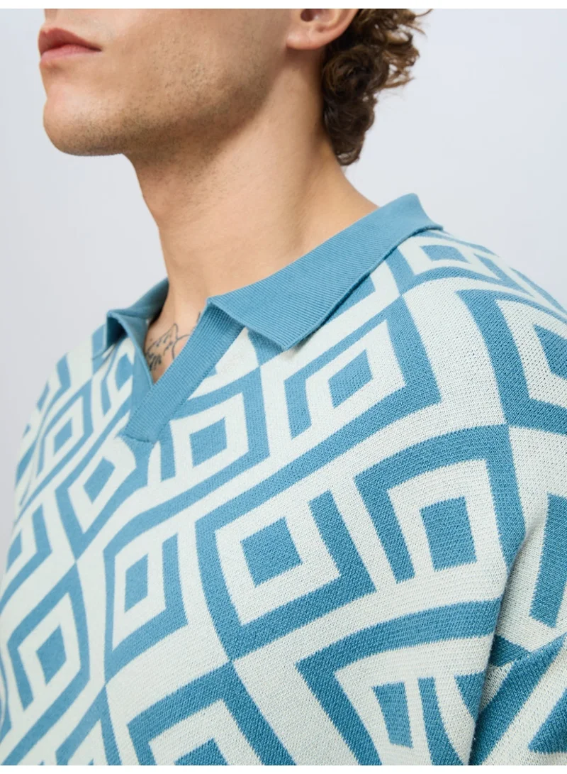 The Souled Store  The Souled Store Originals: Blue Fox Men and Boys Half Sleeve Spread Collar Geometric Printed Cotton Oversized Fit Breathable Lightweight All-Season Polo T-Shirt  | Best Price UAE