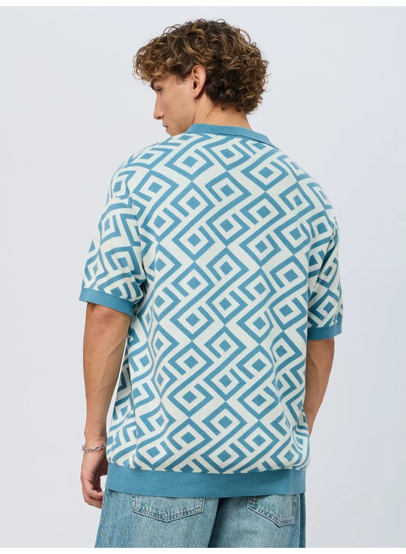 The Souled Store  The Souled Store Originals: Blue Fox Men and Boys Half Sleeve Spread Collar Geometric Printed Cotton Oversized Fit Breathable Lightweight All-Season Polo T-Shirt  | Best Price UAE