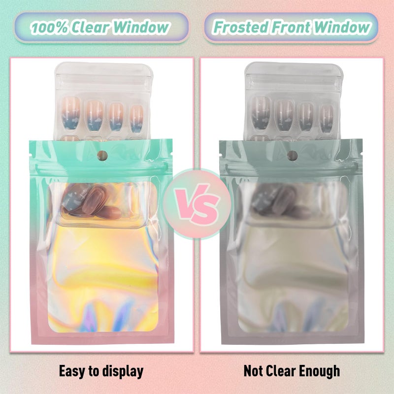 Funfery 100 Pack Gradient Holographic Bags,Mylar Resealable Bags with Zipper,Clear Window Packaging Pouchs,Smell Proof Foil Bag for Food Storage,Sample Jewelry Bag(2.7x3.9In,Green Pink) - Image 4