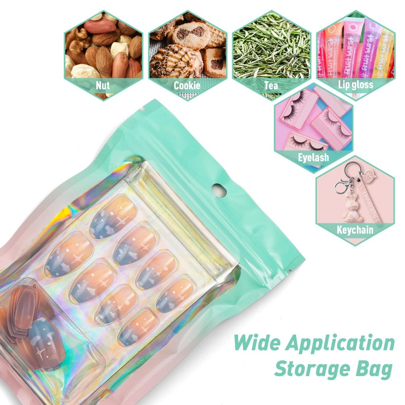 Funfery 100 Pack Gradient Holographic Bags,Mylar Resealable Bags with Zipper,Clear Window Packaging Pouchs,Smell Proof Foil Bag for Food Storage,Sample Jewelry Bag(2.7x3.9In,Green Pink) - Image 5