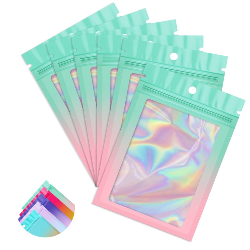 Funfery 100 Pack Gradient Holographic Bags,Mylar Resealable Bags with Zipper,Clear Window Packaging Pouchs,Smell Proof Foil Bag for Food Storage,Sample Jewelry Bag(2.7x3.9In,Green Pink) - Image 1