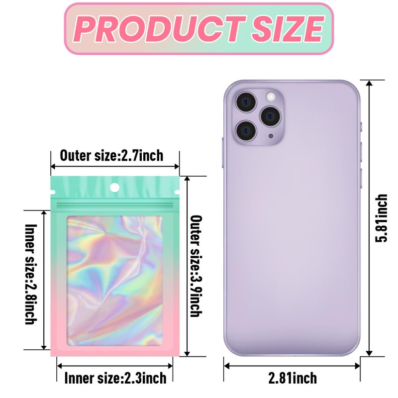 Funfery 100 Pack Gradient Holographic Bags,Mylar Resealable Bags with Zipper,Clear Window Packaging Pouchs,Smell Proof Foil Bag for Food Storage,Sample Jewelry Bag(2.7x3.9In,Green Pink) - Image 2