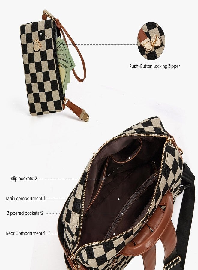Lushandy Checkered Backpack Purse for Women, Brown Canvas Backpack Purse with Wallet Cherry Mom Everyday Backpacks for Work - Image 5