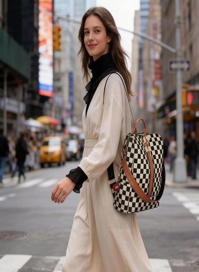 Lushandy Checkered Backpack Purse for Women, Brown Canvas Backpack Purse with Wallet Cherry Mom Everyday Backpacks for Work - Image 3