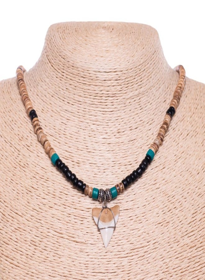 BlueRica Shark Tooth on Tiger Brown & Green Coconut Shell Beads Necklace (20" 3U) - Image 3