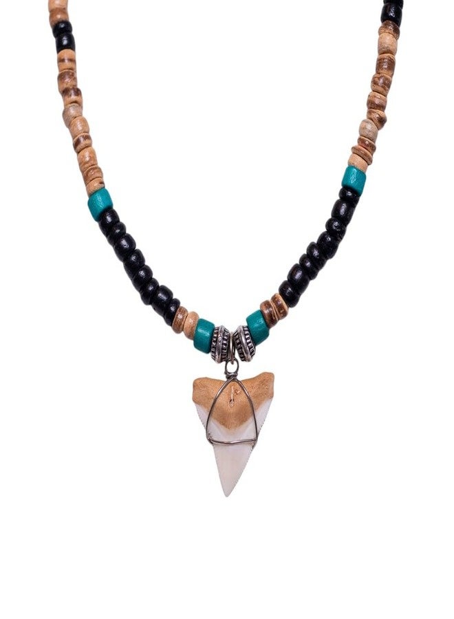 BlueRica Shark Tooth on Tiger Brown & Green Coconut Shell Beads Necklace (20" 3U) - Image 1