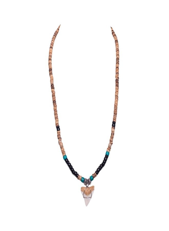BlueRica Shark Tooth on Tiger Brown & Green Coconut Shell Beads Necklace (20" 3U) - Image 2
