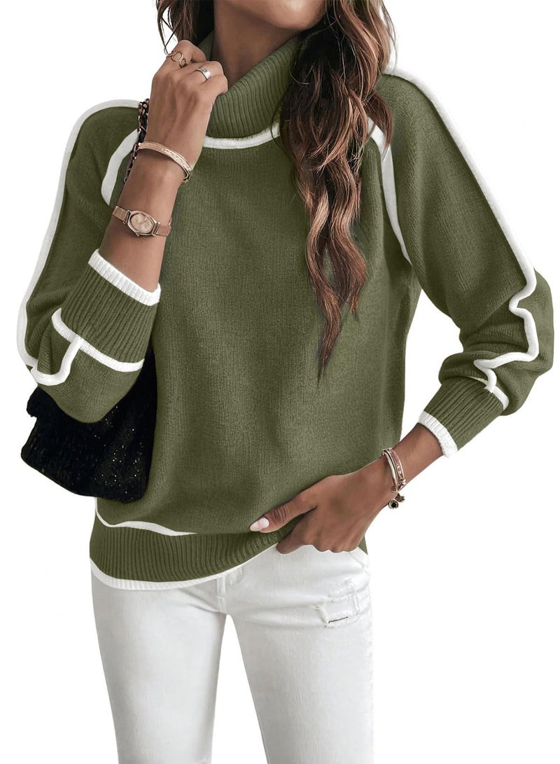 EVALESS Fall Sweaters for Women Trendy 2025 Cute Cozy Turtleneck Long Sleeve Colorblock Knitted Pullover Tops Jungle Green 2XL - Image 2