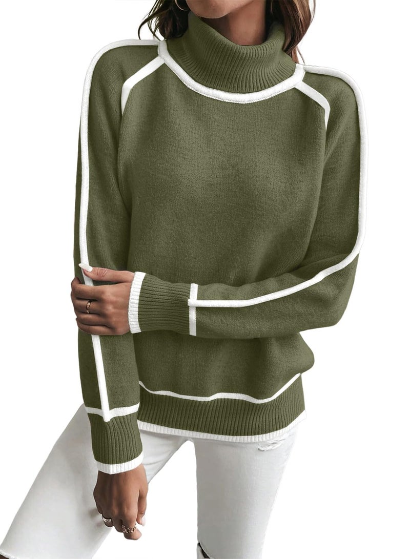 EVALESS Fall Sweaters for Women Trendy 2025 Cute Cozy Turtleneck Long Sleeve Colorblock Knitted Pullover Tops Jungle Green 2XL - Image 4