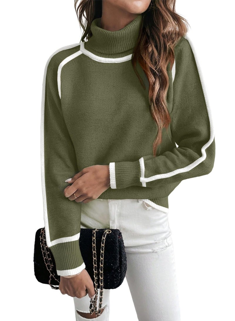 EVALESS Fall Sweaters for Women Trendy 2025 Cute Cozy Turtleneck Long Sleeve Colorblock Knitted Pullover Tops Jungle Green 2XL - Image 1