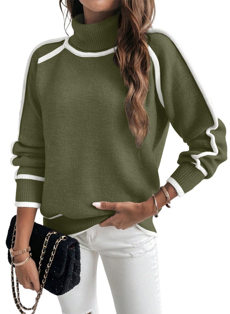 EVALESS Fall Sweaters for Women Trendy 2025 Cute Cozy Turtleneck Long Sleeve Colorblock Knitted Pullover Tops Jungle Green 2XL - Image 3